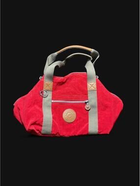 Y2K indie casual Kipling red nylon mini duffle shoulder bag with tan straps